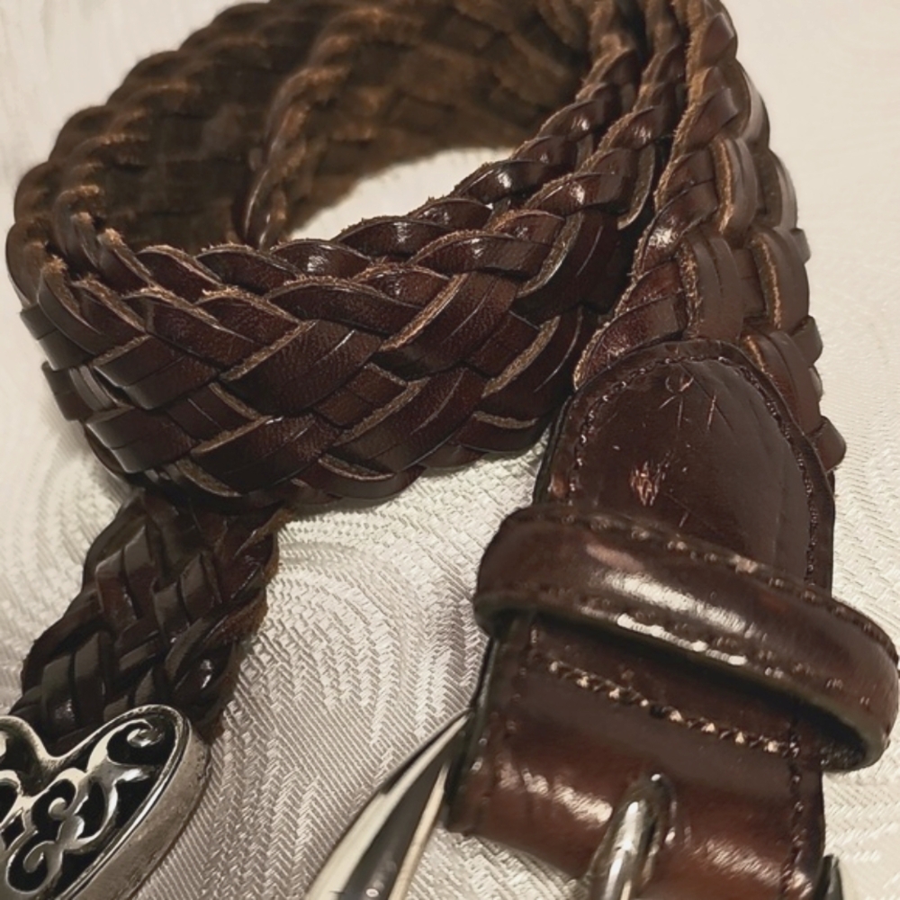 Braided bourbon brown leather belt with silver filligre buckle vintage 1995 w 30 - Picture 3 of 7